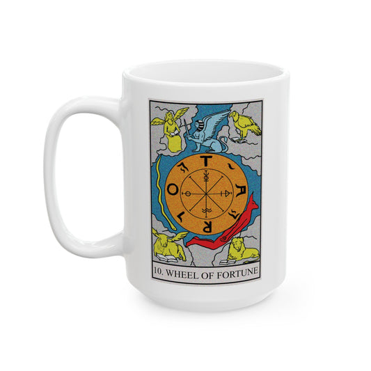 The Wheel of Fortune Tarot Card Coffee Mug - Double Sided White Ceramic 15oz by TheGlassyLass.com