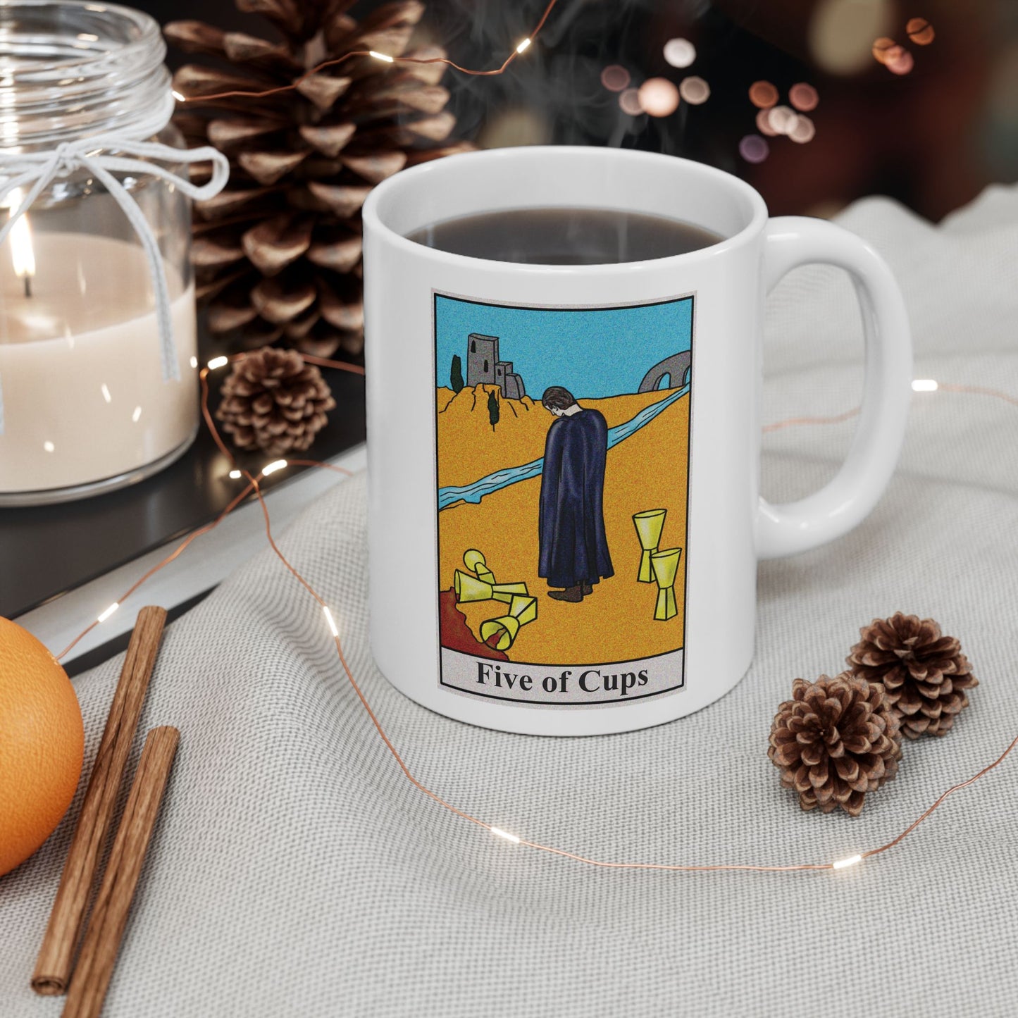 Five of Cups Tarot Card Coffee Mug - Double Sided Print, White Ceramic, 11oz by TheGlassyLass.com