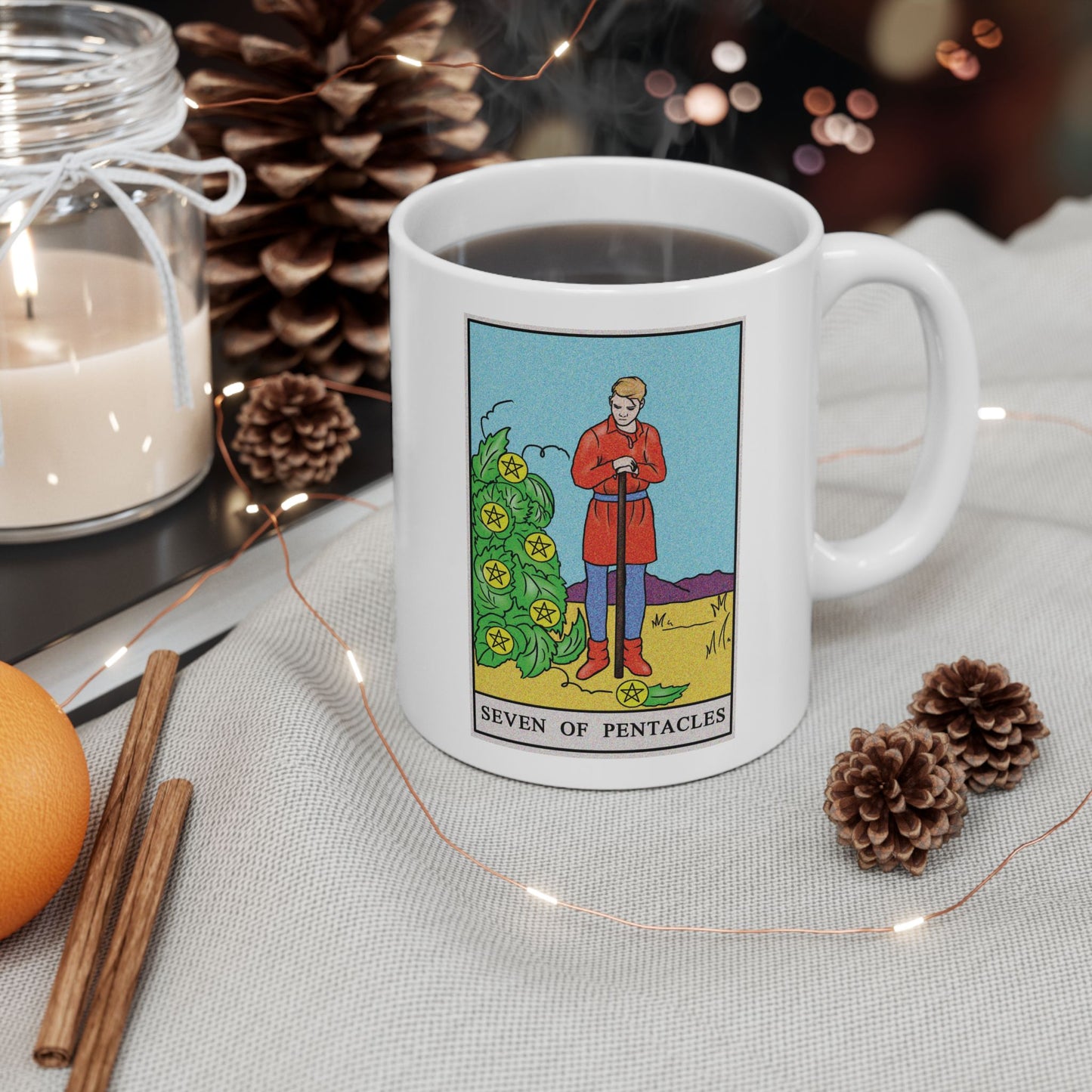 Seven of Pentacles Tarot Card Coffee Mug - Double Sided Print, White Ceramic, 11oz by TheGlassyLass