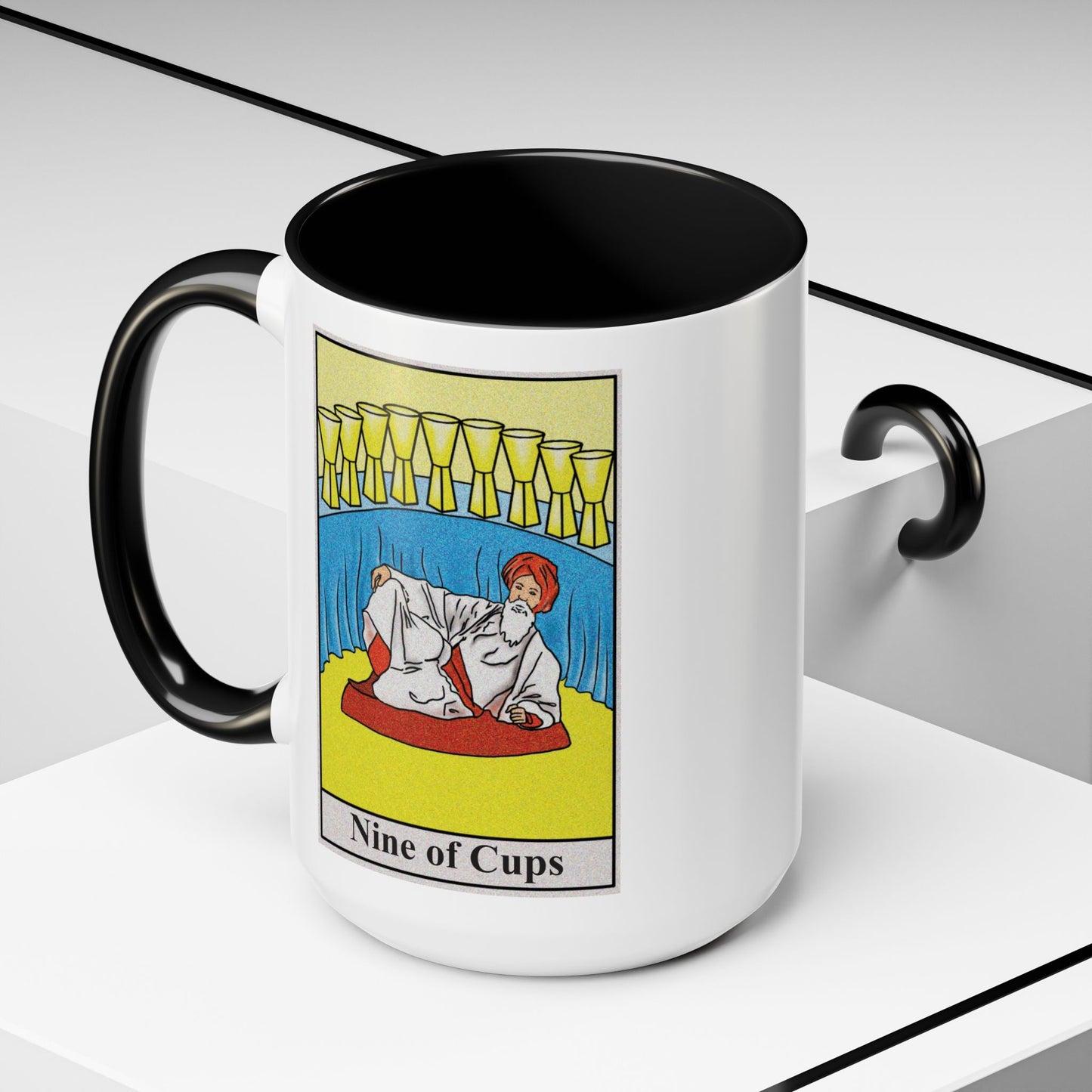 Nine of Cups Tarot Card Coffee Mug - Double Sided Black Accent White Ceramic 15oz by TheGlassyLass.com