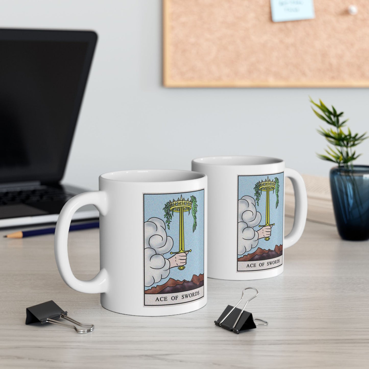 Ace of Swords Tarot Card Coffee Mug - Double Sided Print, White Ceramic, 11oz by TheGlassyLass.com