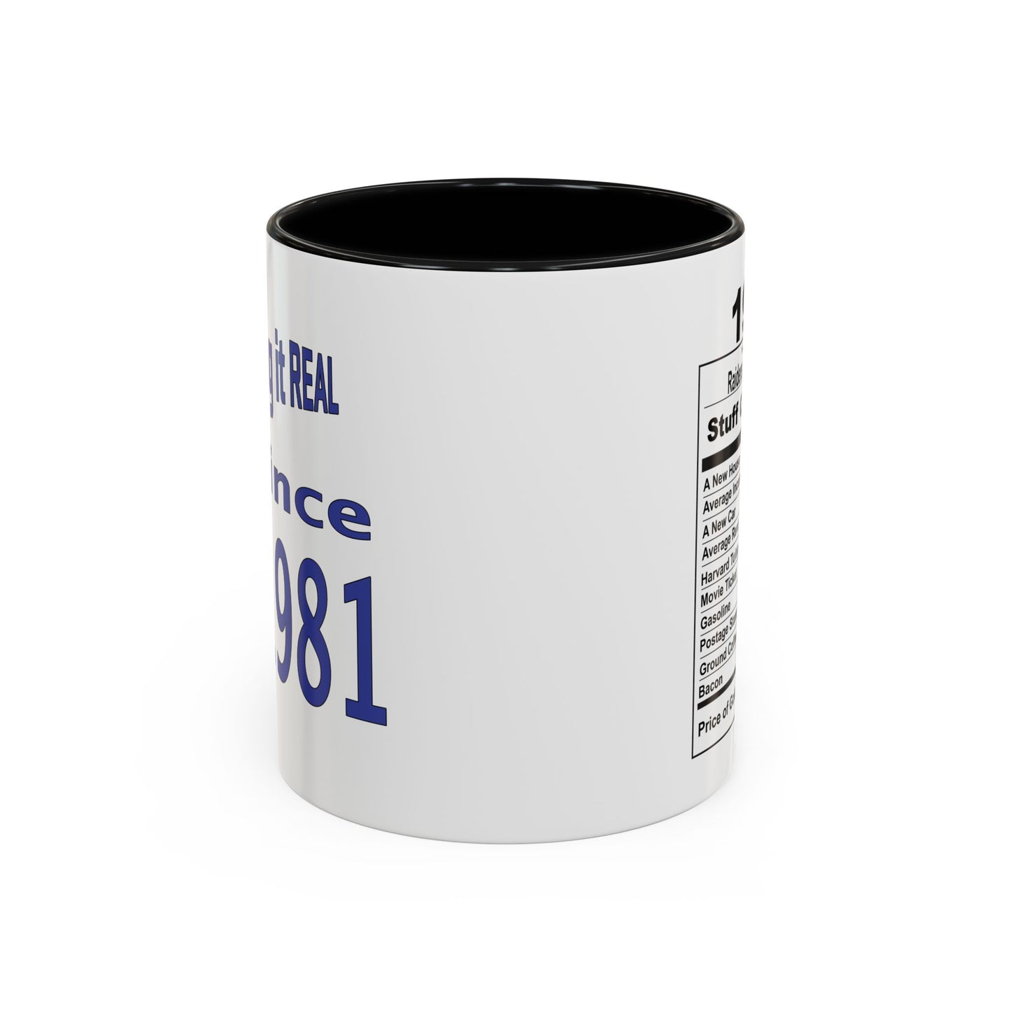 Keepin it Real Since 1981 Coffee Mug - Double Sided Print, Black Accent White Ceramic, 11oz by TheGlassyLass.com