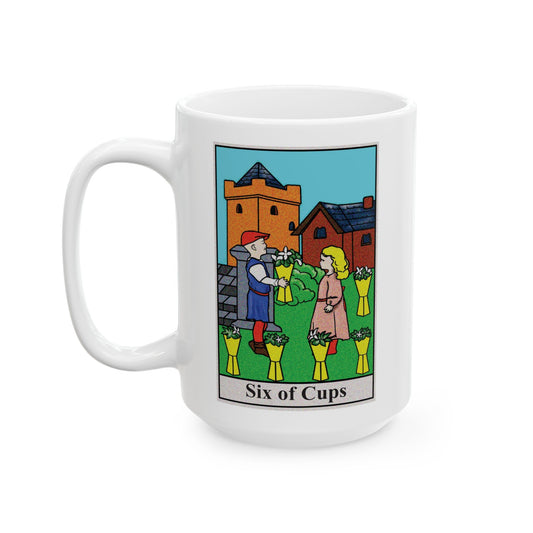 Six of Cups Tarot Card Coffee Mug - Double Sided White Ceramic 15oz by TheGlassyLass.com