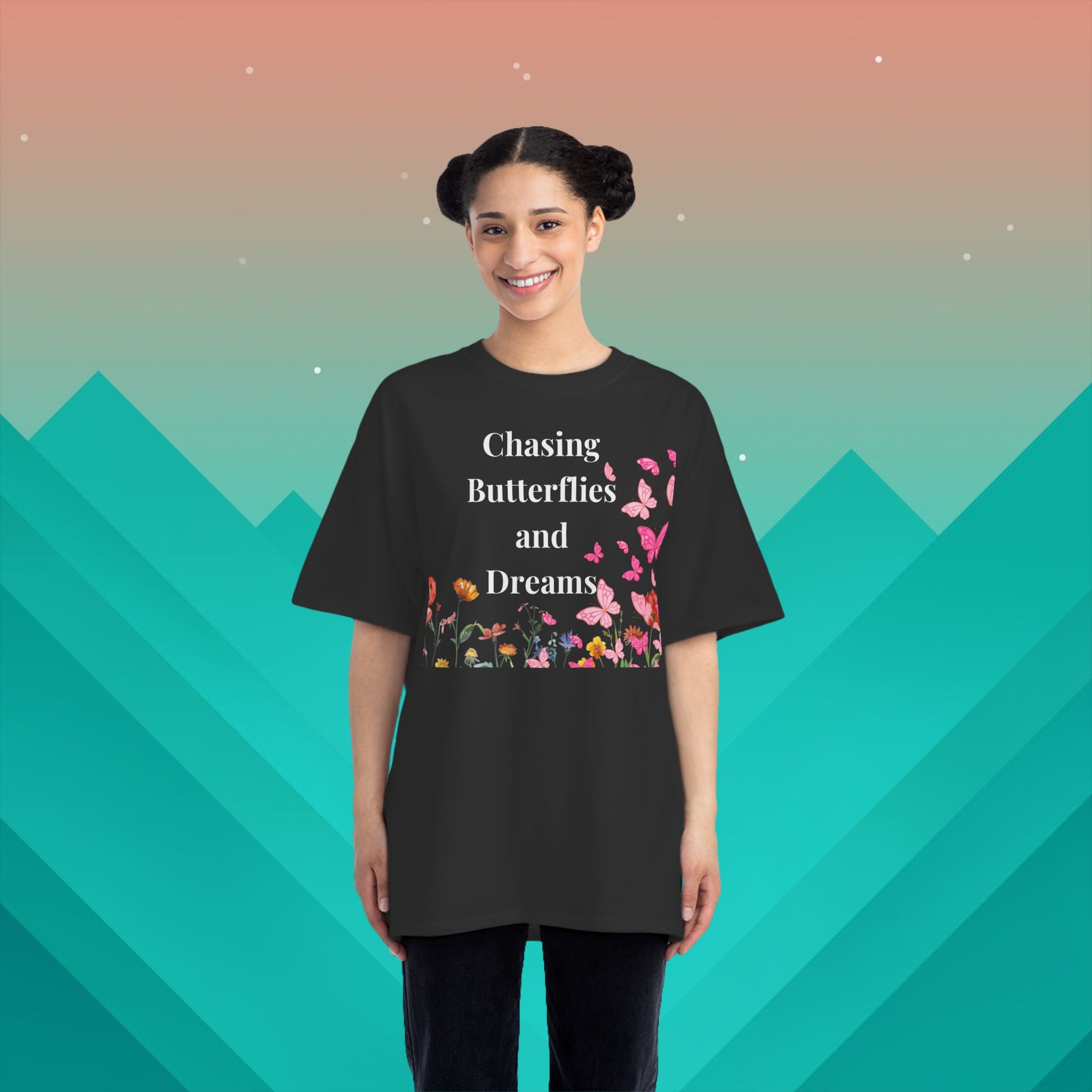 Chasing Butterflies and Dreams Flower Power T-Shirt: (Hanes Beefy-T 100% Preshrunk Cotton Custom Printed by TheGlassyLass.com