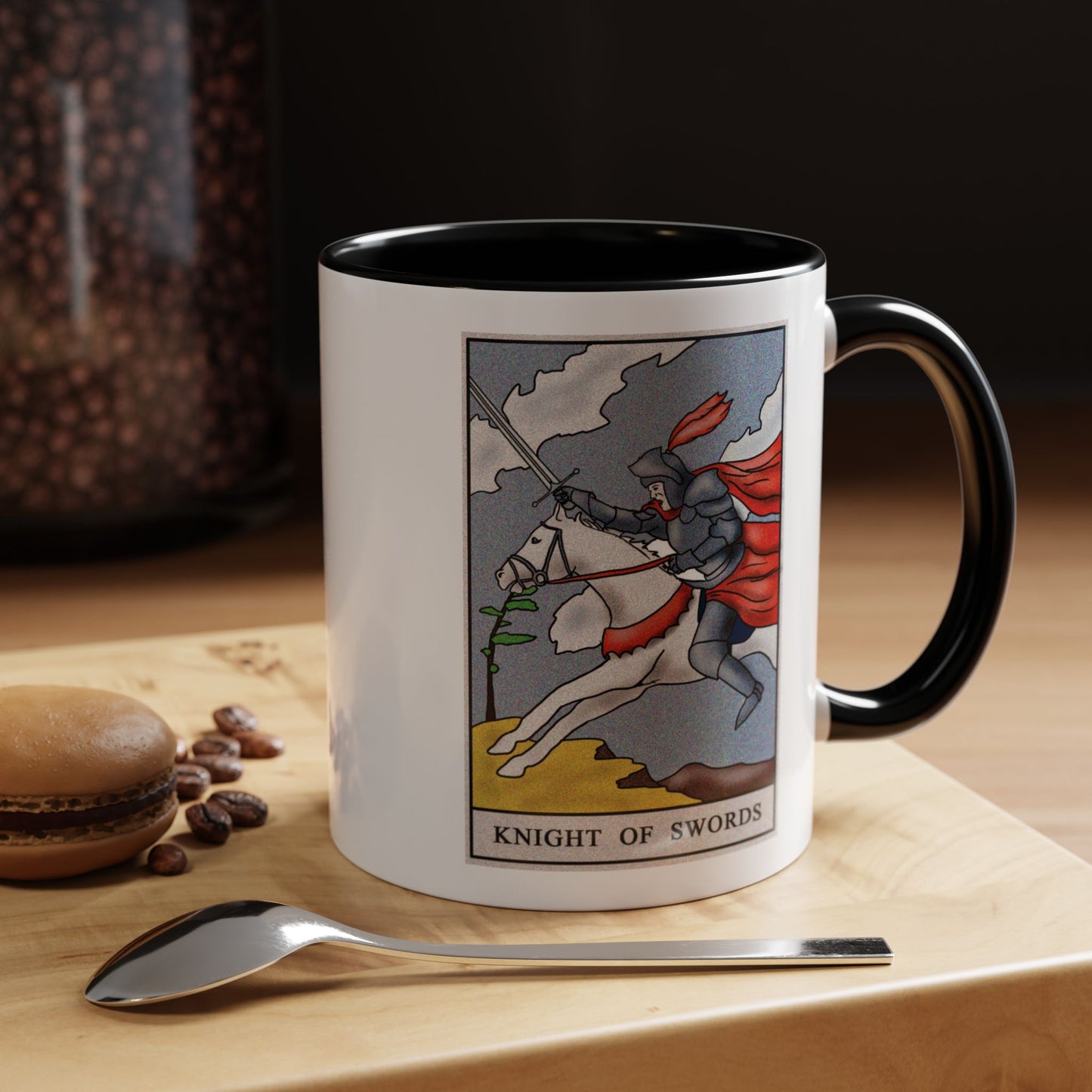 Knight of Swords Tarot Card Coffee Mug - Double Sided Print, Black Accent White Ceramic, 11oz by TheGlassyLass.com