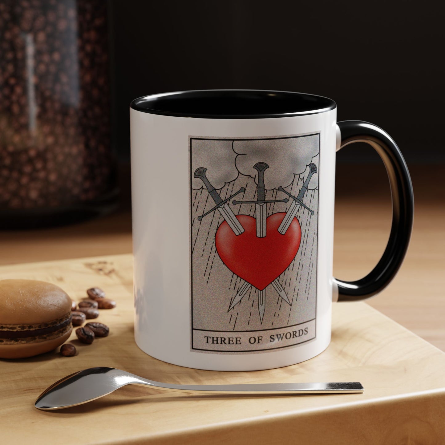 Three of Swords Tarot Card Coffee Mug - Double Sided Print, Black Accent White Ceramic, 11oz by TheGlassyLass.com