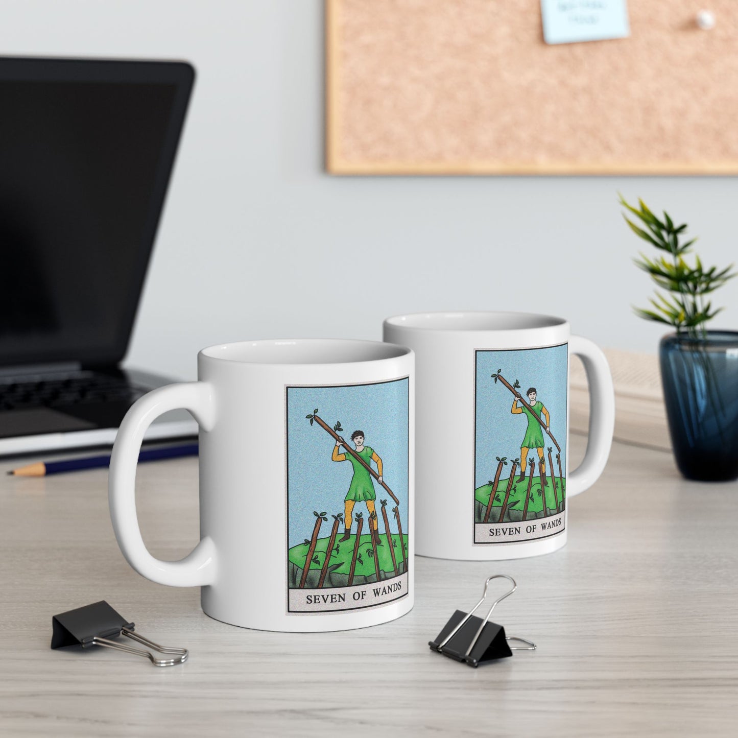 Seven of Wands of Wands Tarot Card Coffee Mug - Double Sided Print, White Ceramic, 11oz by TheGlassyLass.com