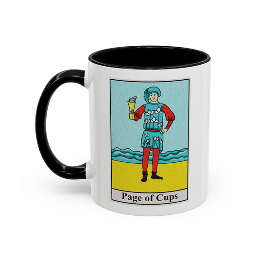 Page of Cups Tarot Card Coffee Mug - Double Sided Print, Black Accent White Ceramic, 11oz by TheGlassyLass.com