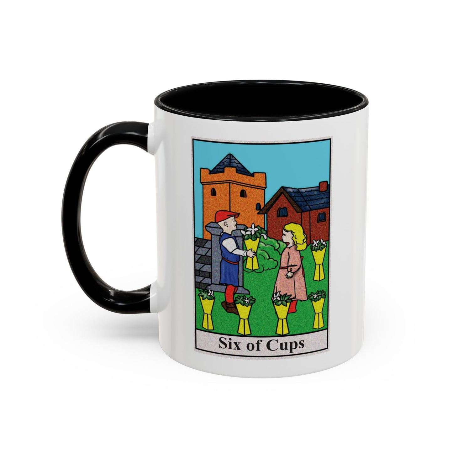 Six of Cups Tarot Card Coffee Mug - Double Sided Print, Black Accent White Ceramic, 11oz by TheGlassyLass.com