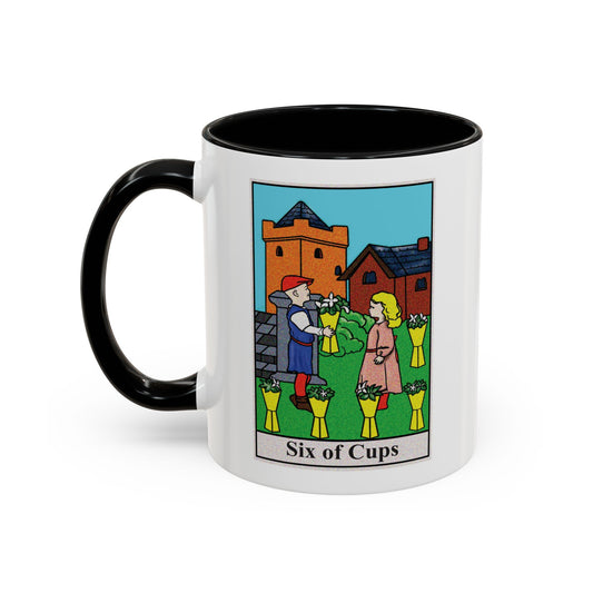 Six of Cups Tarot Card Coffee Mug - Double Sided Print, Black Accent White Ceramic, 11oz by TheGlassyLass.com