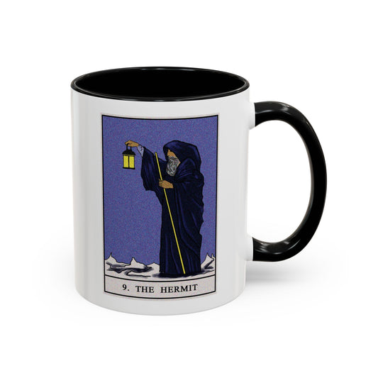 The Hermit Tarot Card Coffee Mug - Double Sided Print, Black Accent White Ceramic, 11oz by TheGlassyLass.com