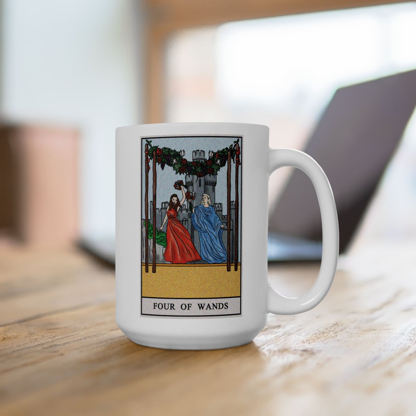 Four of Wands Tarot Card Coffee Mug - Double Sided White Ceramic 15oz by TheGlassyLass.com