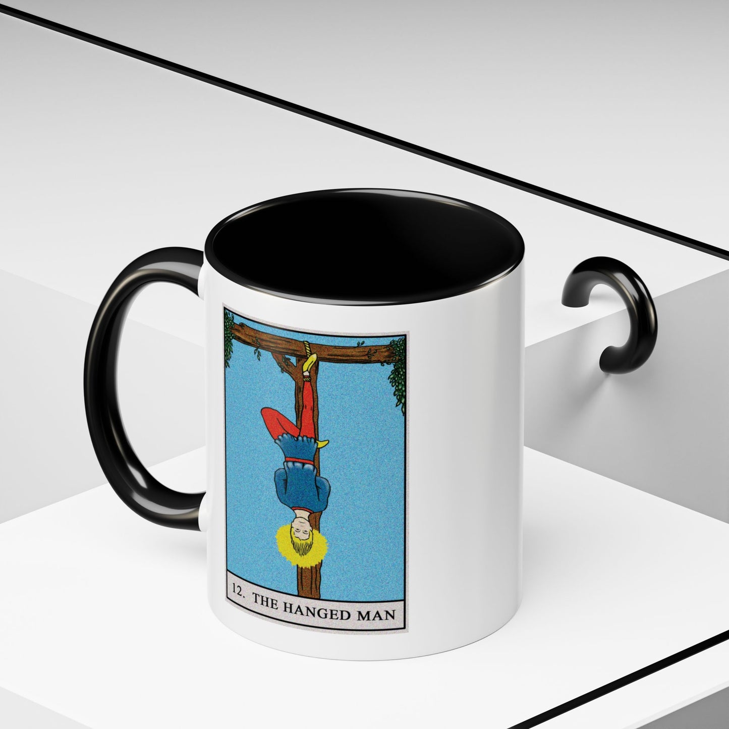 The Hanged Man Tarot Card Coffee Mug - Double Sided Print, Black Accent White Ceramic, 11oz by TheGlassyLass.com