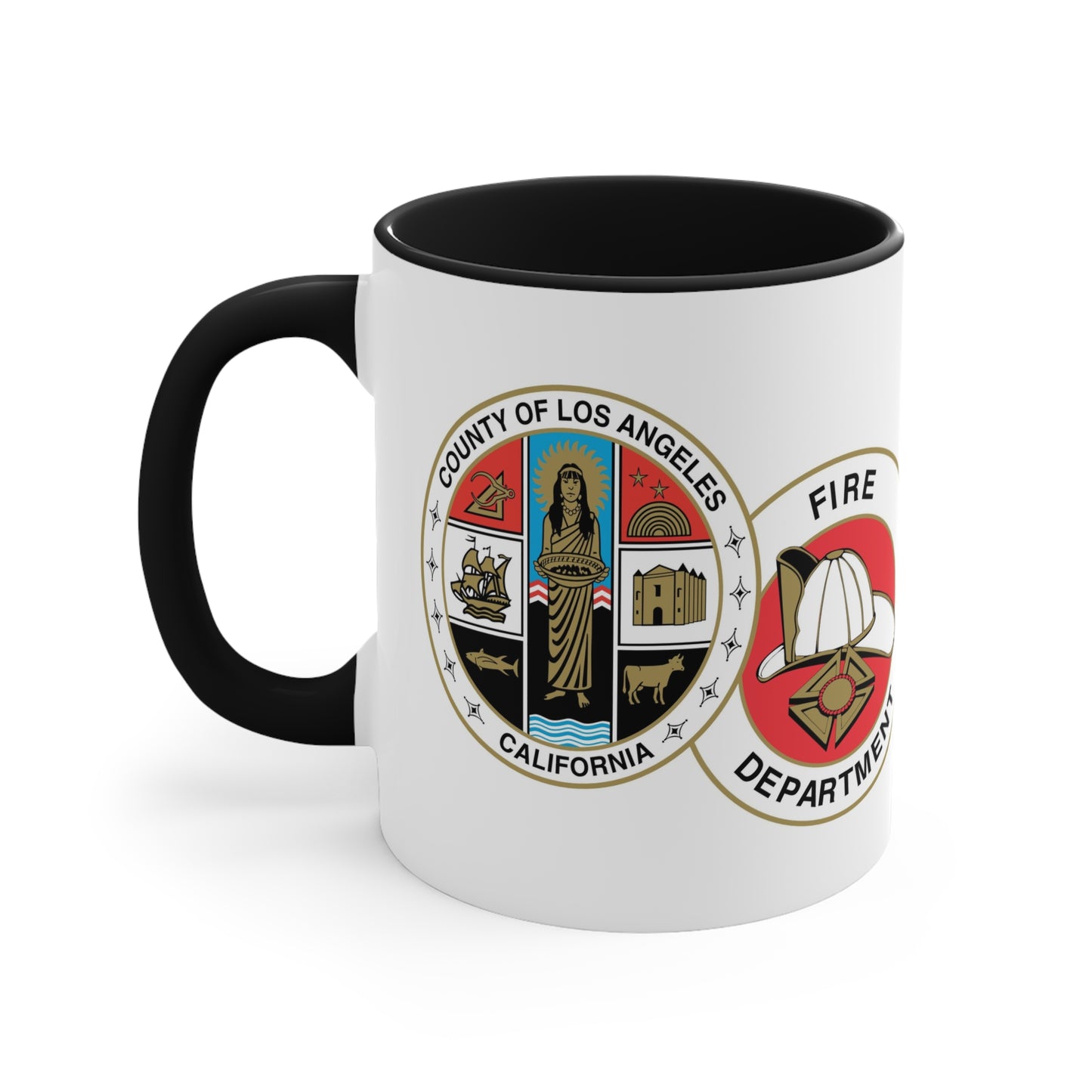 LA County Fire Department Coffee Mug - Double Sided Print Black Accent Two Tone White Ceramic 11oz by TheGlassyLass.com