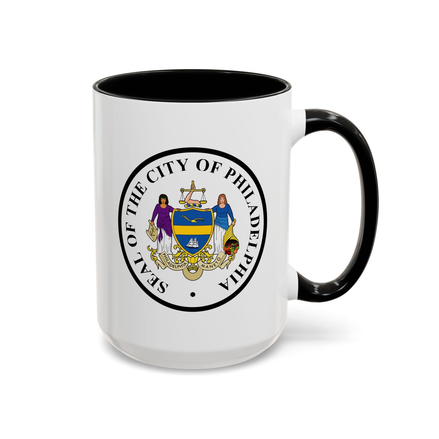 City of Philadelphia Seal Coffee Mug - Double Sided Print, Black Accent White Ceramic, 15oz by TheGlassyLass.com