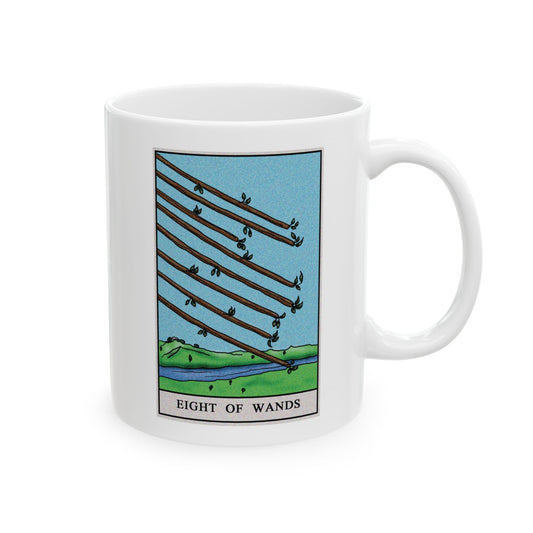 Eight of Wands of Wands Tarot Card Coffee Mug - Double Sided Print, White Ceramic, 11oz by TheGlassyLass.com