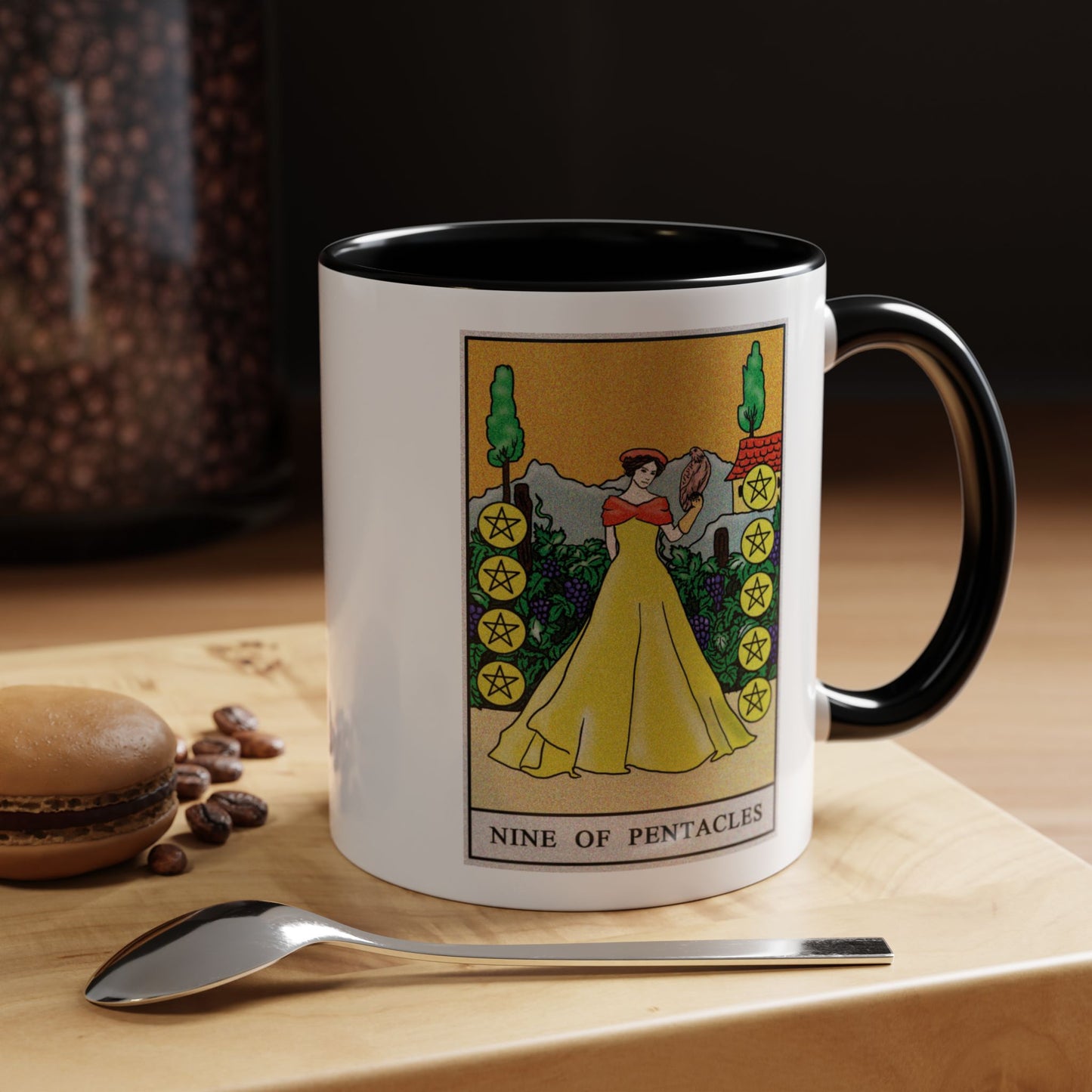 Nine of Pentacles Tarot Card Coffee Mug - Double Sided Print, Black Accent White Ceramic, 11oz by TheGlassyLass.com