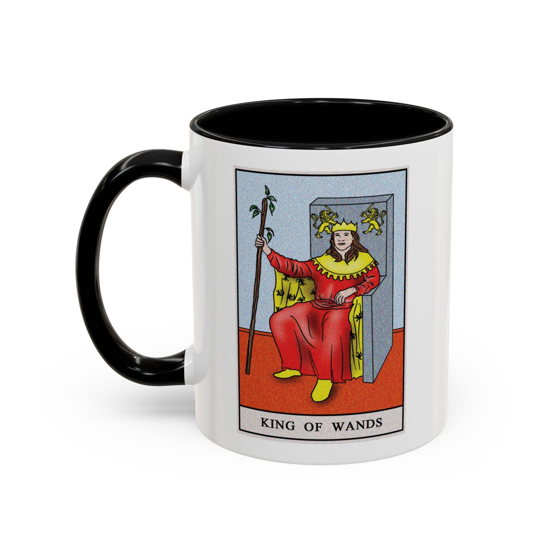 King of Wands Tarot Card Coffee Mug - Double Sided Print, Black Accent White Ceramic, 11oz by TheGlassyLass.com
