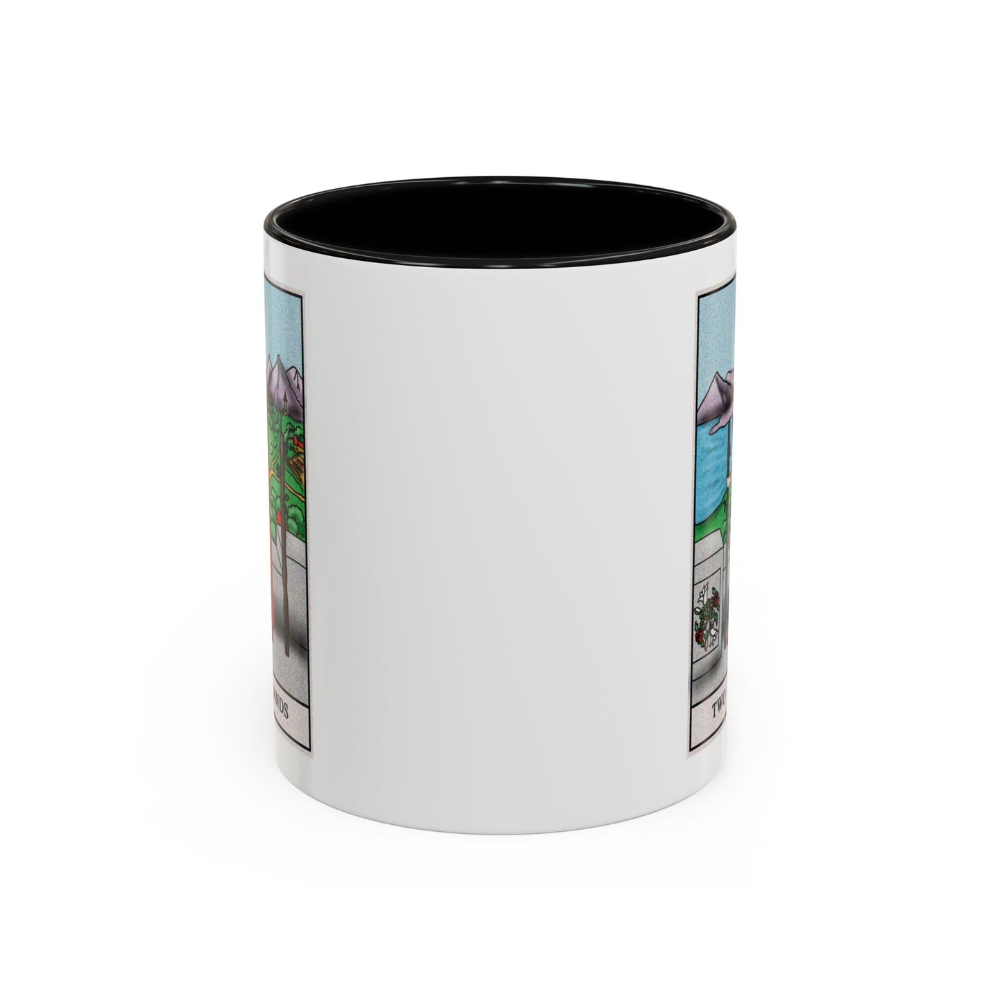Two of Wands Tarot Card Coffee Mug - Double Sided Print, Black Accent White Ceramic, 11oz by TheGlassyLass.com