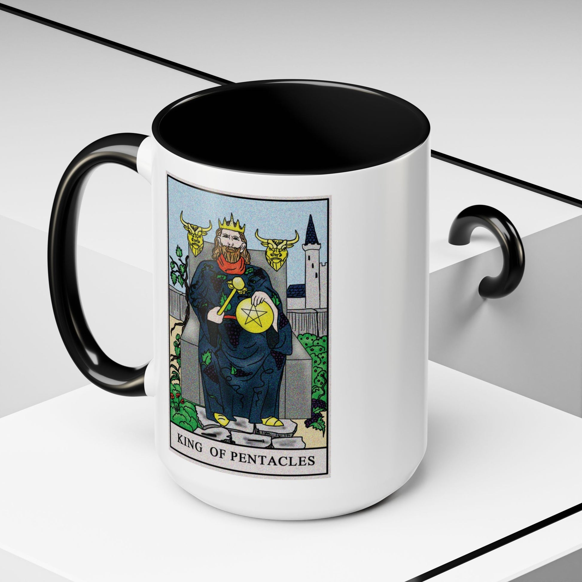 King of Pentacles Tarot Card Coffee Mug - Double Sided Black Accent White Ceramic 15oz by TheGlassyLass.com