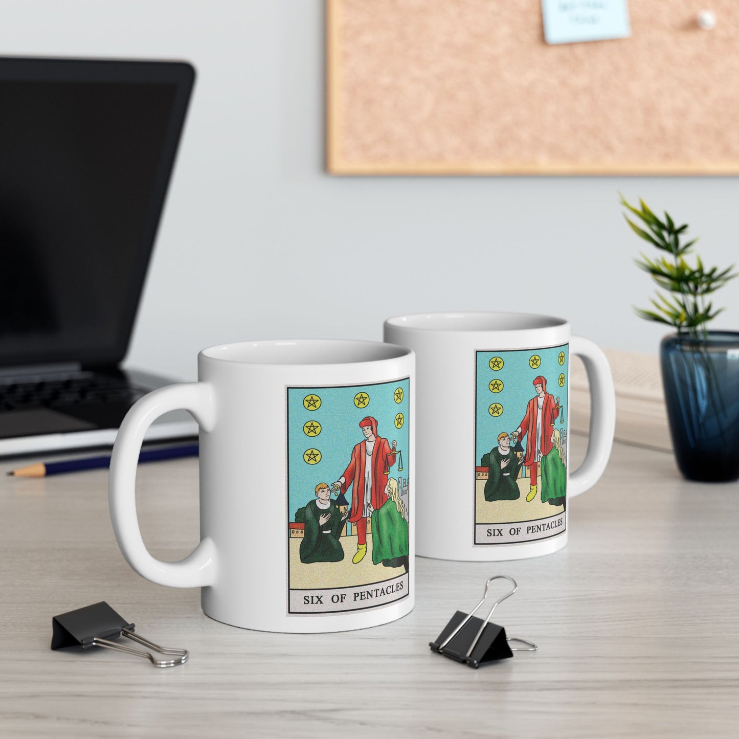 Six of Pentacles Tarot Card Coffee Mug - Double Sided Print, White Ceramic, 11oz by TheGlassyLass.com