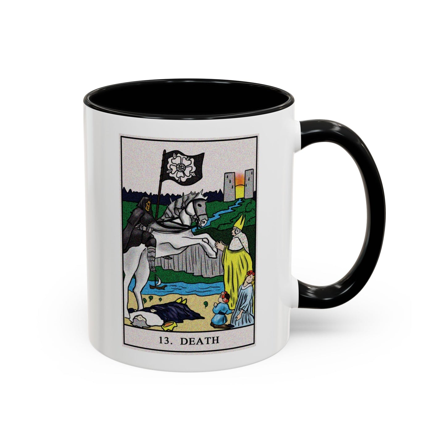 Death Tarot Card Coffee Mug - Double Sided Print, Black Accent White Ceramic, 11oz by TheGlassyLass.com