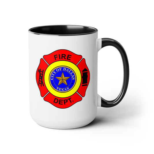 Dallas Fire Department Coffee Mug - Double Sided Print Black Accent White Ceramic 15oz by TheGlassyLass.com