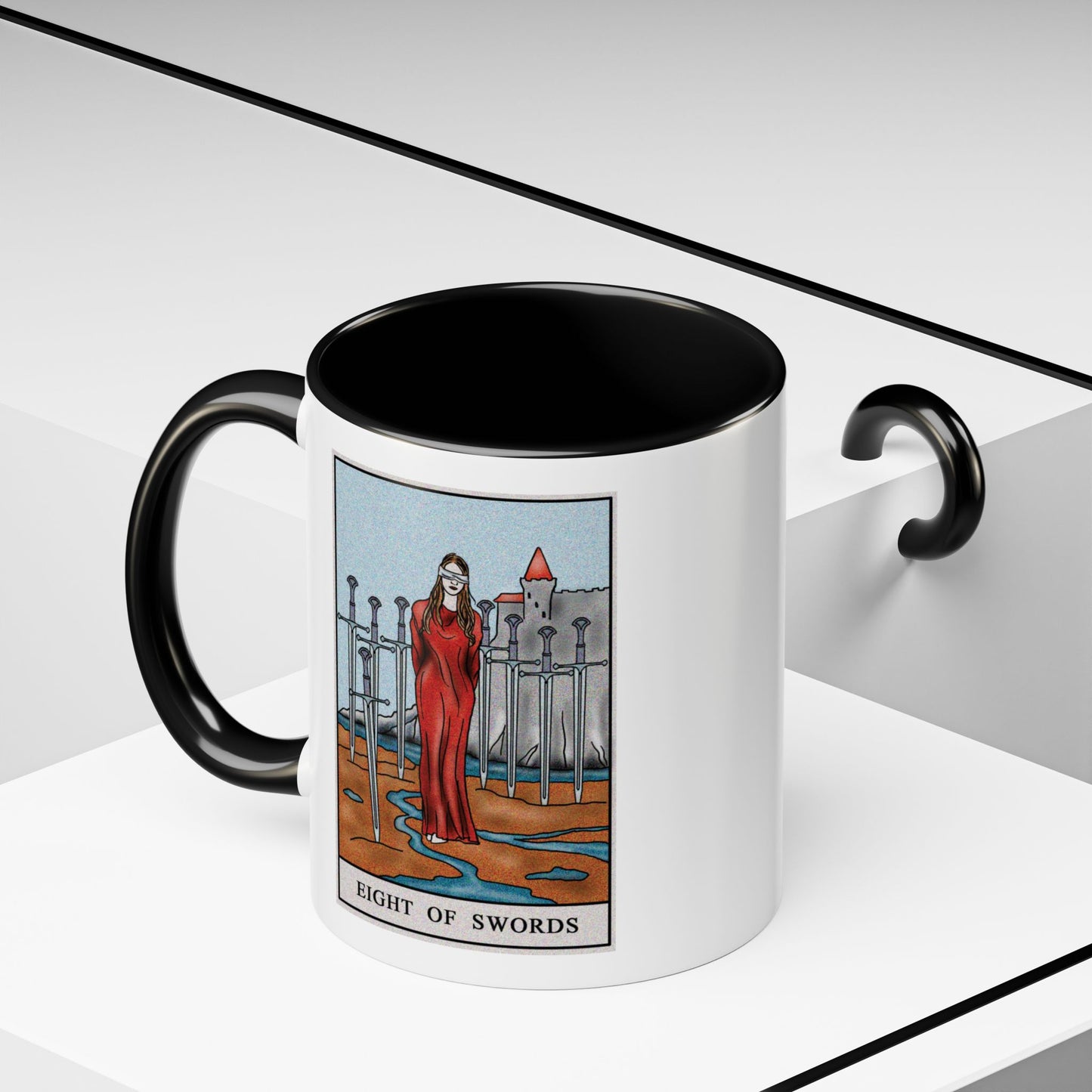 Eight of Swords Tarot Card Coffee Mug - Double Sided Print, Black Accent White Ceramic, 11oz by TheGlassyLass.com