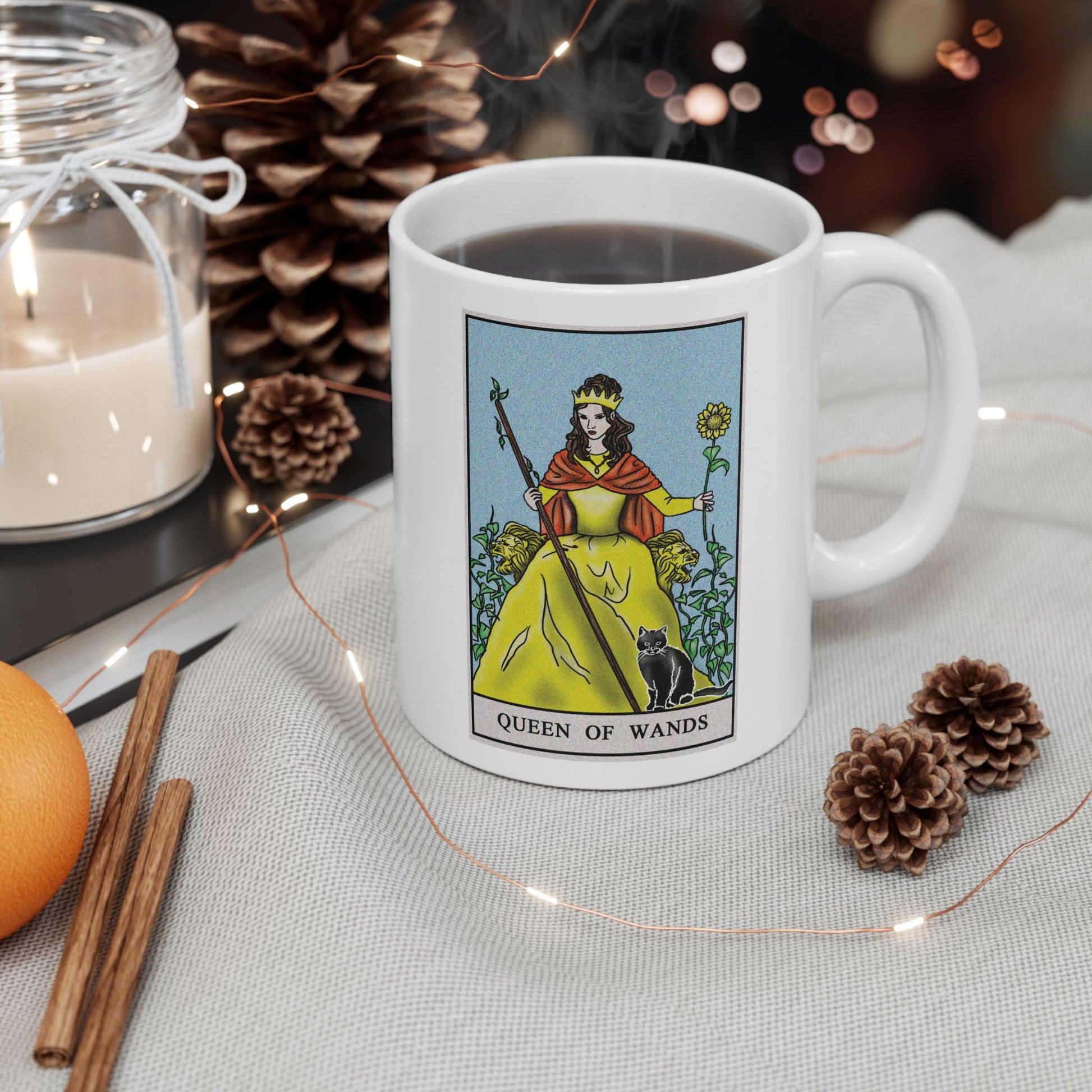Queen of Wands of Wands Tarot Card Coffee Mug - Double Sided Print, White Ceramic, 11oz by TheGlassyLass.com