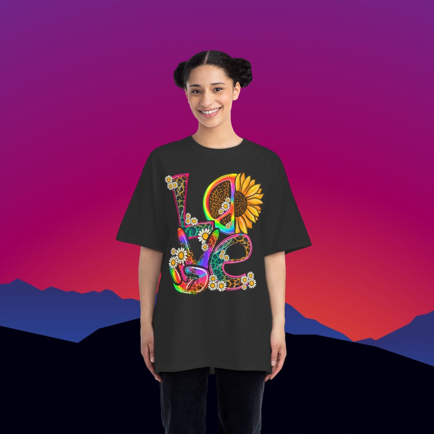 Peace Love & Flower Power T-Shirt: (Hanes Beefy-T 100% Preshrunk Cotton Custom Printed by TheGlassyLass.com