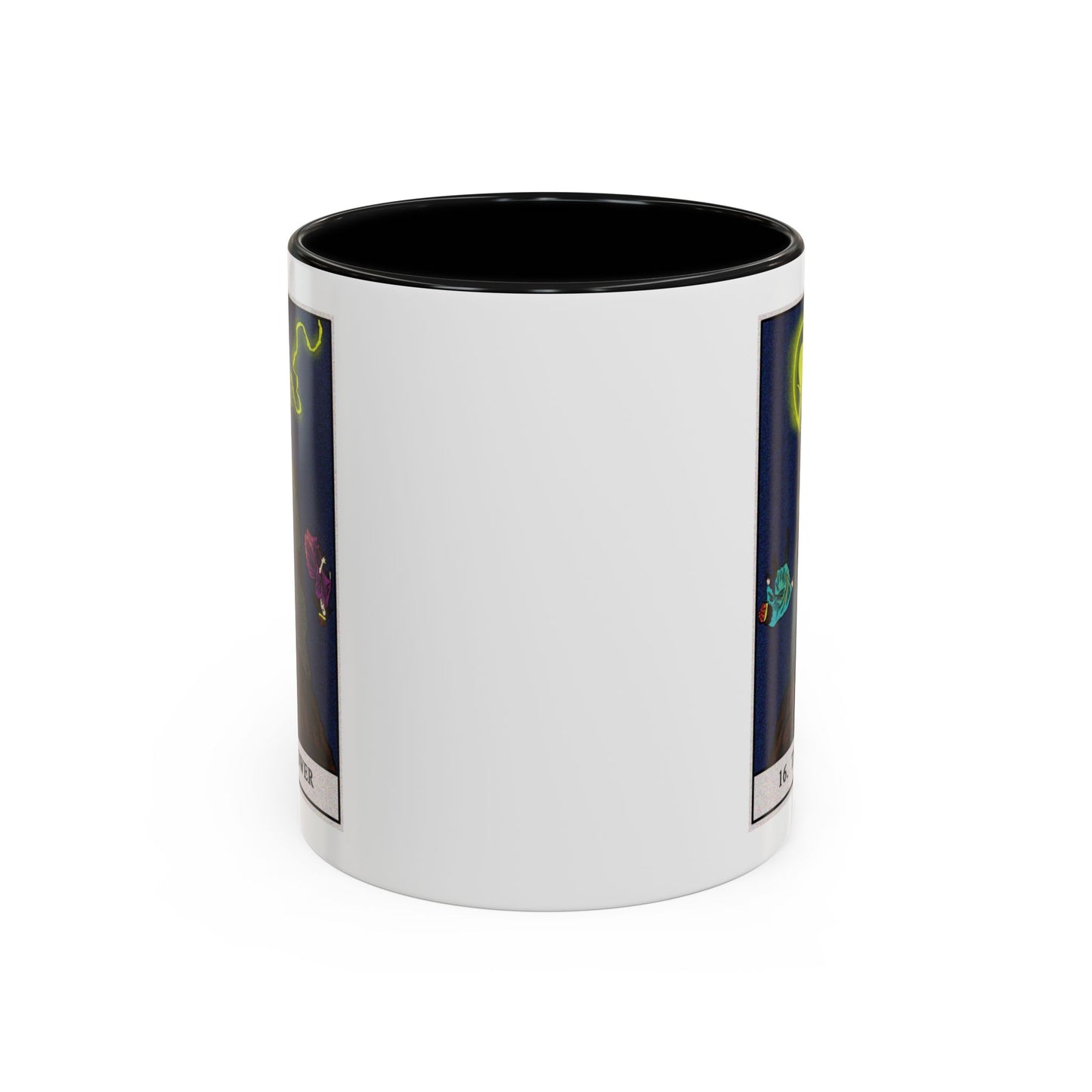 The Tower Tarot Card Coffee Mug - Double Sided Print, Black Accent White Ceramic, 11oz by TheGlassyLass.com
