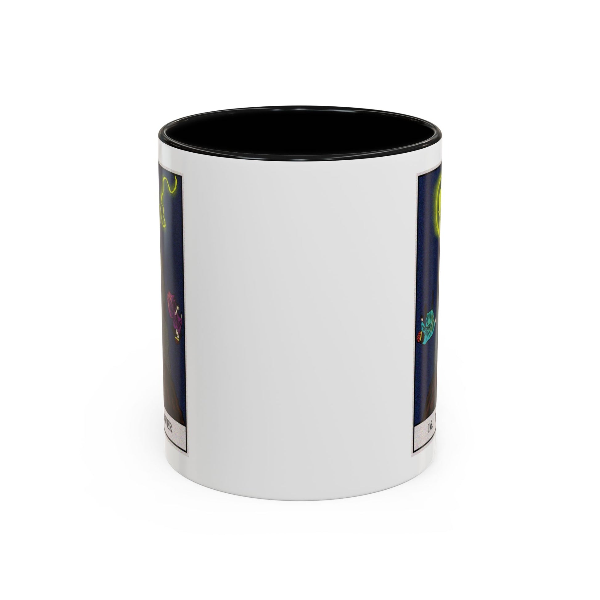 The Tower Tarot Card Coffee Mug - Double Sided Print, Black Accent White Ceramic, 11oz by TheGlassyLass.com