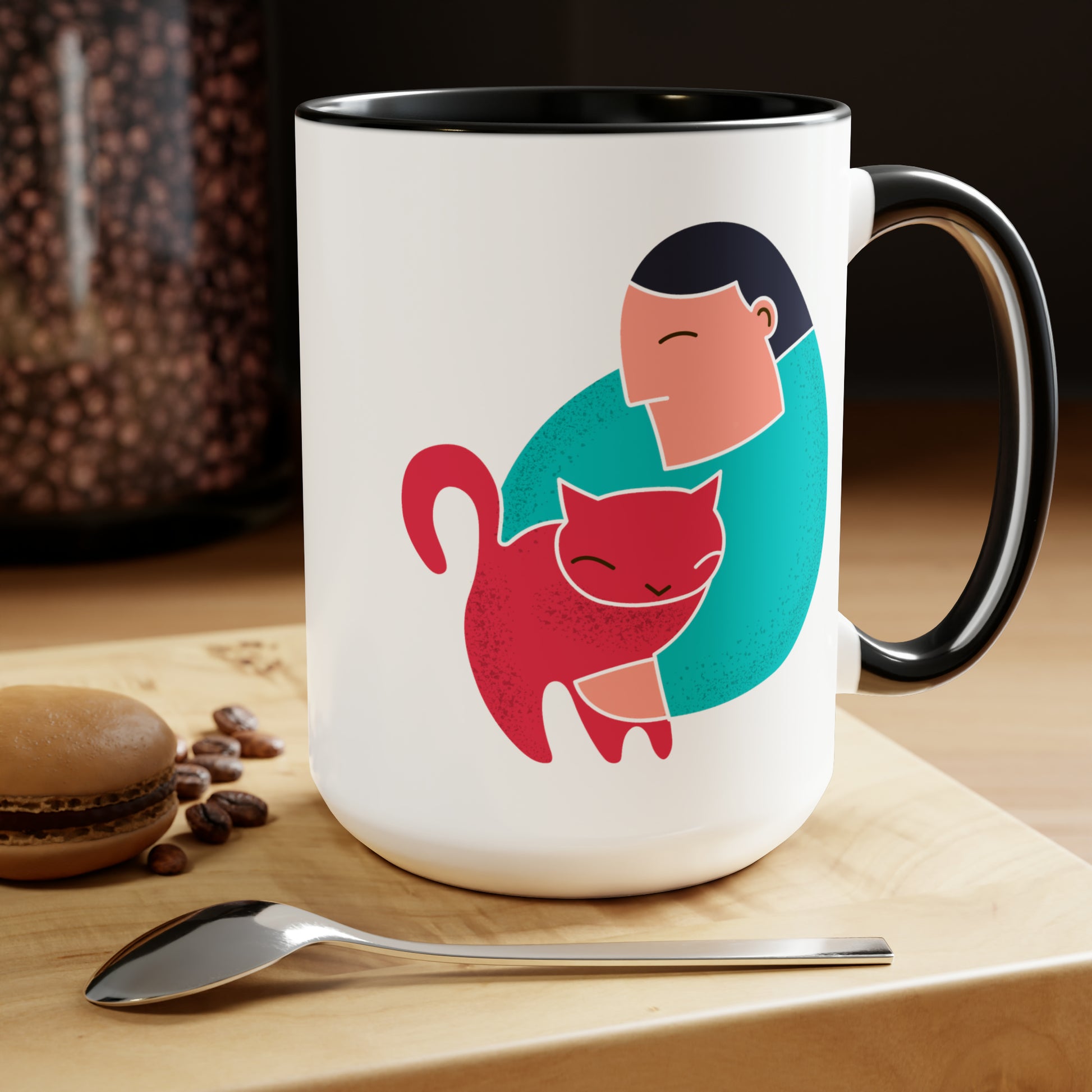 Morning Purr Coffee Mug - Double Sided Black Accent White Ceramic 15oz by TheGlassyLass