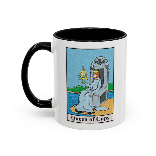 Queen of Cups Tarot Card Coffee Mug - Double Sided Print, Black Accent White Ceramic, 11oz by TheGlassyLass.com