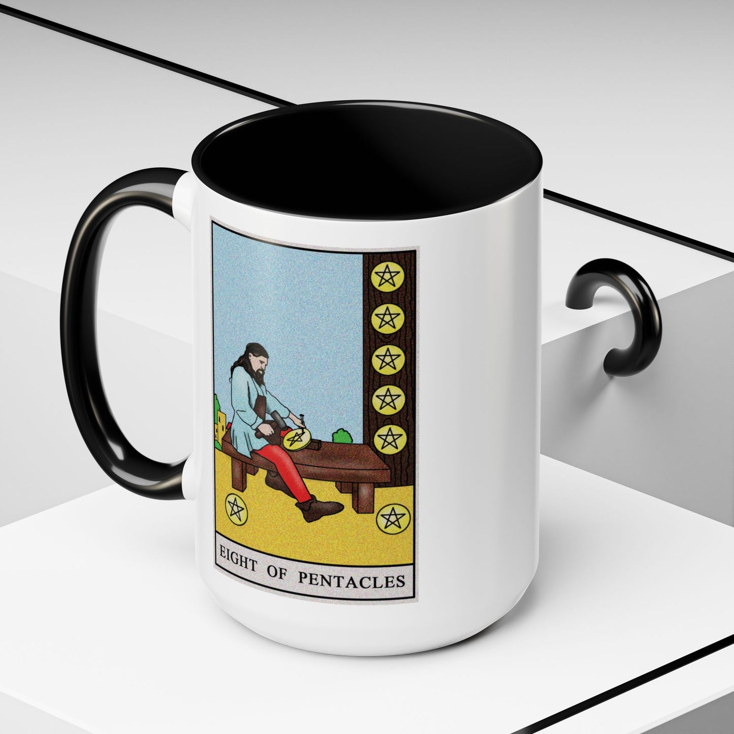 Eight of Pentacles Tarot Card Coffee Mug - Double Sided Black Accent White Ceramic 15oz by TheGlassyLass.com