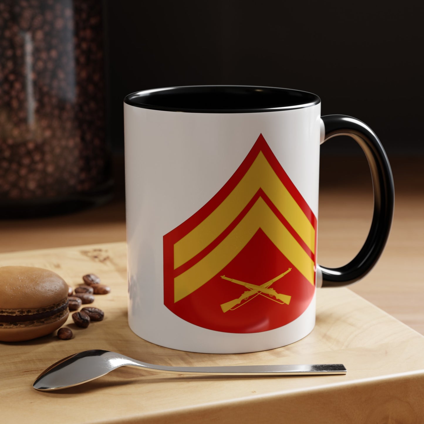 United States Marine Corps Corporal (E-4) Chevron Coffee Mug - Double Sided Black Accent White Ceramic 11oz - by TheGlassyLass