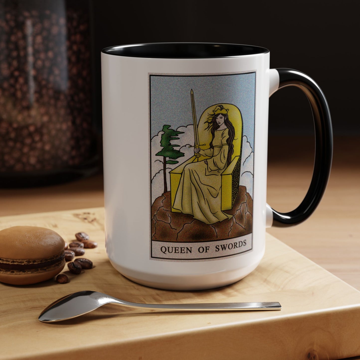 Queen of Swords Tarot Card Coffee Mug - Double Sided Black Accent White Ceramic 15oz by TheGlassyLass.com