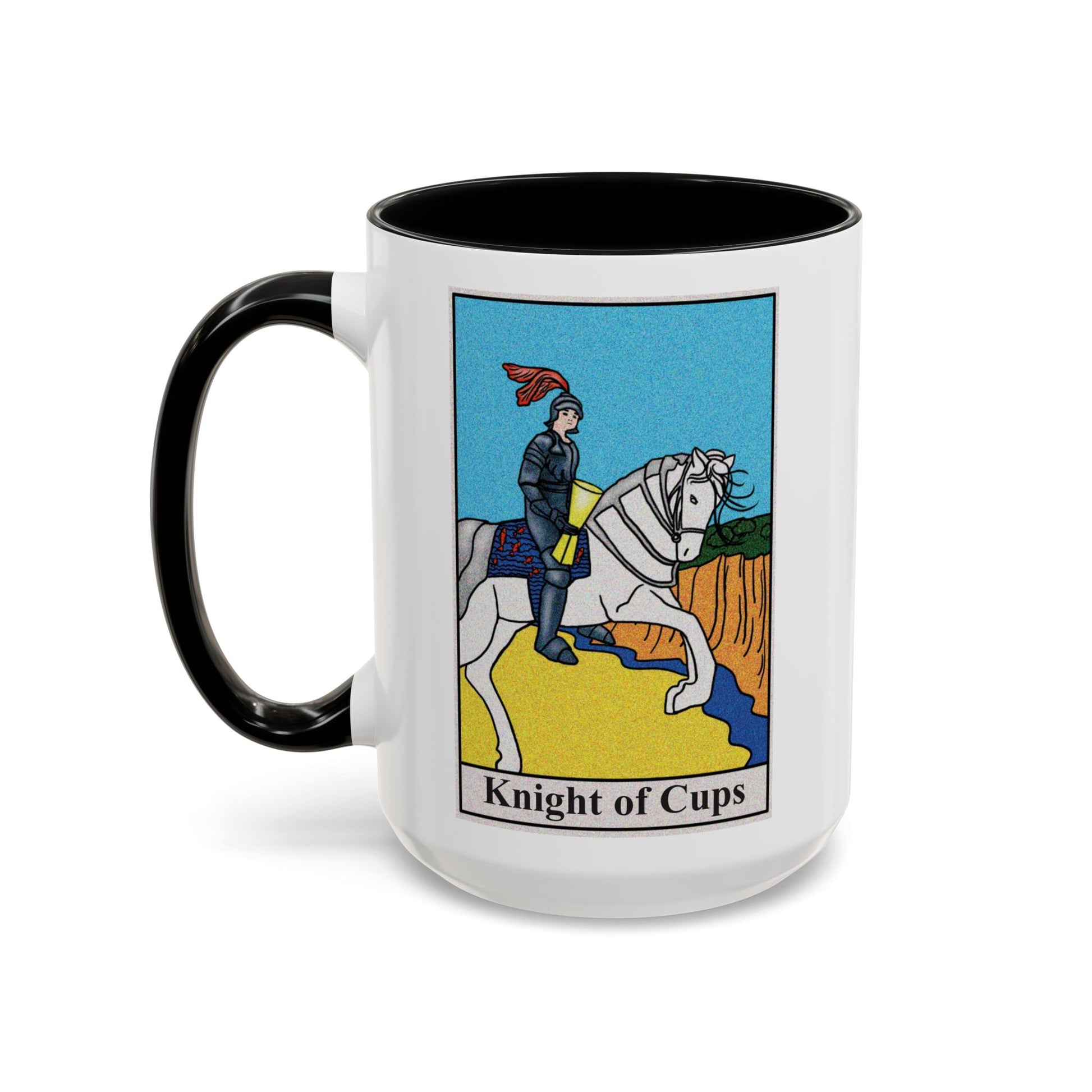 Knight of Cups Tarot Card Coffee Mug - Double Sided Black Accent White Ceramic 15oz by TheGlassyLass.com