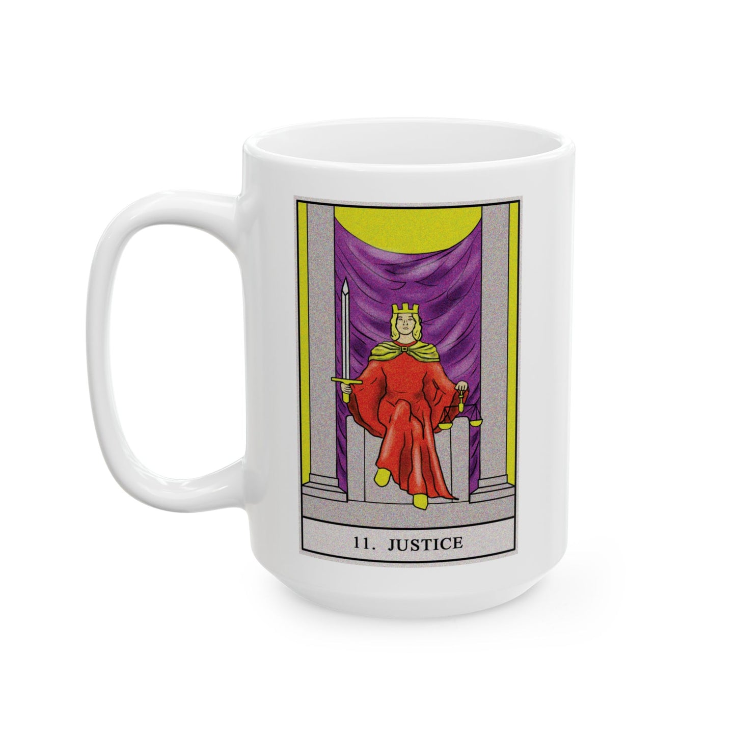 Justice Tarot Card Coffee Mug - Double Sided White Ceramic 15oz by TheGlassyLass.com