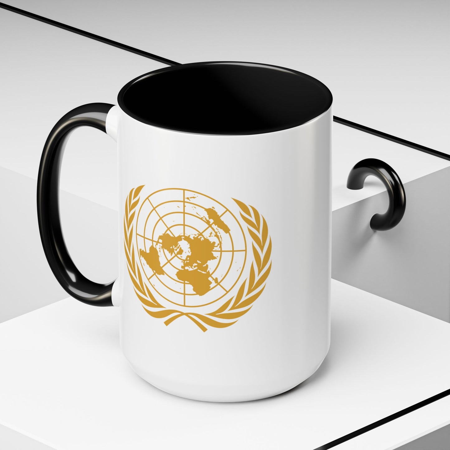 United Nations Seal Coffee Mug - Double Sided Black Accent White Ceramic 15oz by TheGlassyLass
