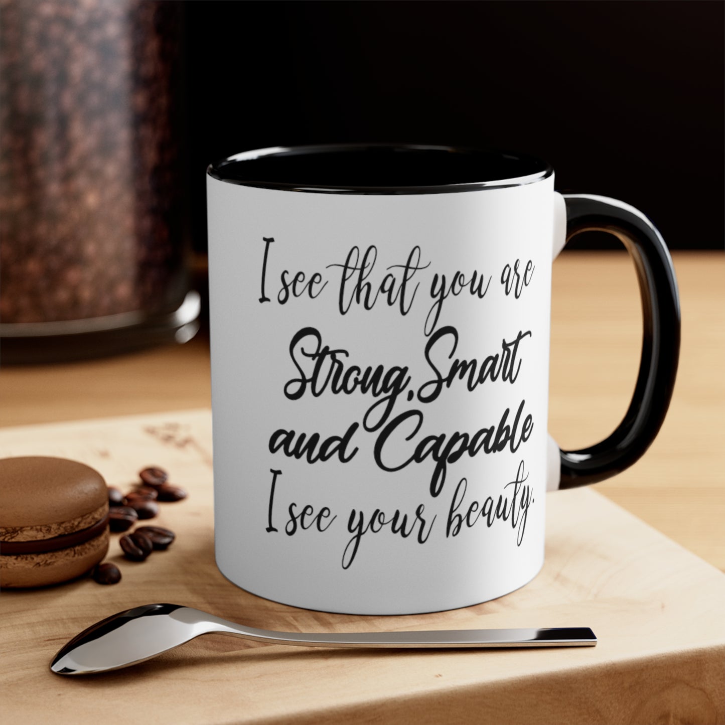 Smart Strong Capable Coffee Mug - Double Sided Black Accent White Ceramic 11oz by TheGlassyLass.com