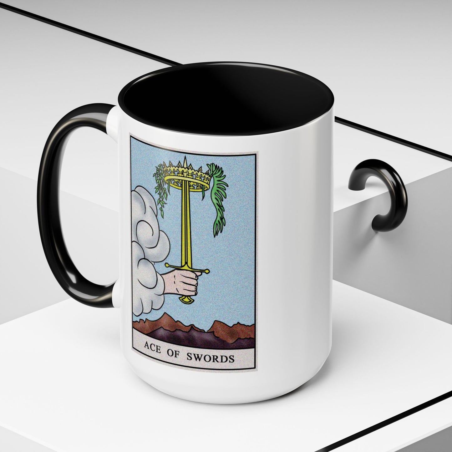 Ace of Swords Tarot Card Coffee Mug - Double Sided Black Accent White Ceramic 15oz by TheGlassyLass.com