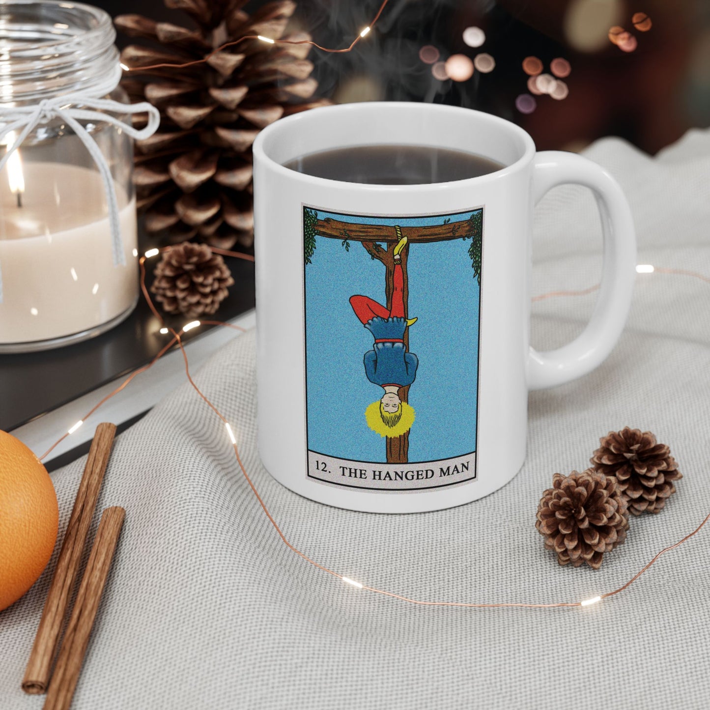 The Hanged Man Tarot Card Coffee Mug - Double Sided Print, White Ceramic, 11oz by TheGlassyLass.com