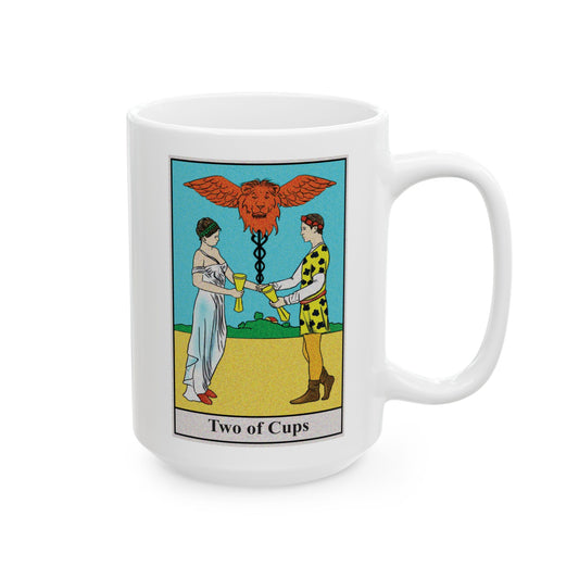 Two of Cups Tarot Card Coffee Mug - Double Sided Black Accent White Ceramic 15oz by TheGlassyLass.com