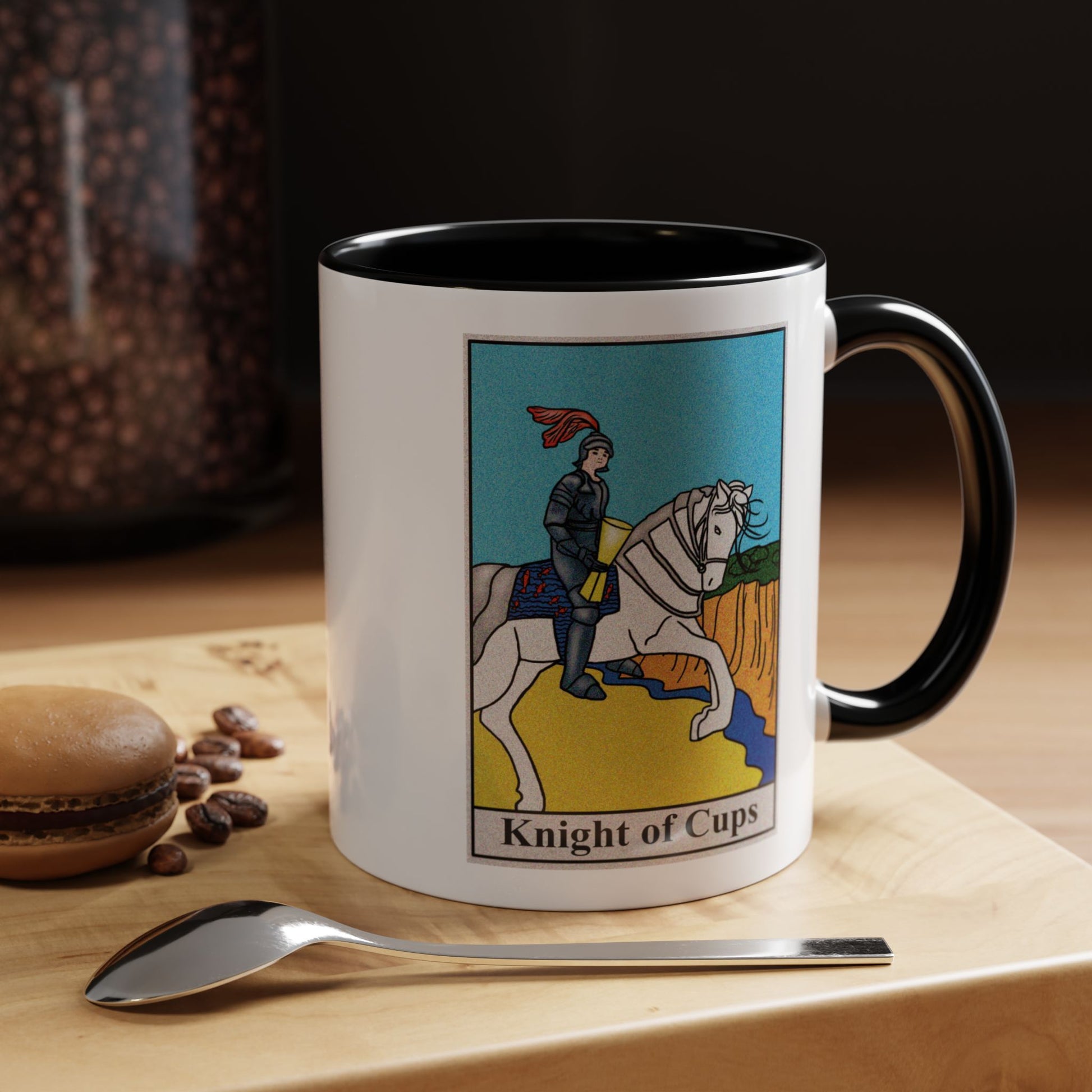 Knight of Cups Tarot Card Coffee Mug - Double Sided Print, Black Accent White Ceramic, 11oz by TheGlassyLass.com