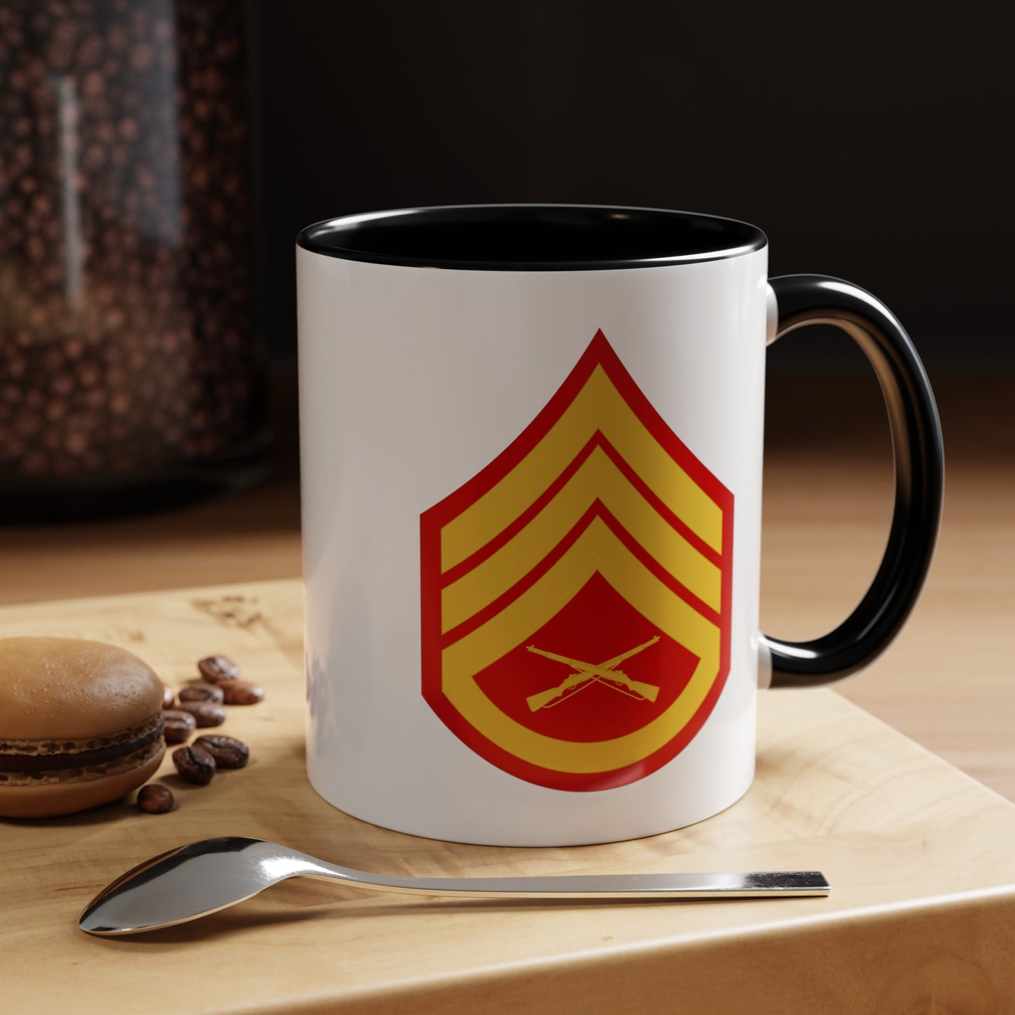 United States Marine Corps Staff Sergeant (E-6) Chevron Coffee Mug - Double Sided Black Accent White Ceramic 11oz - by TheGlassyLass.com