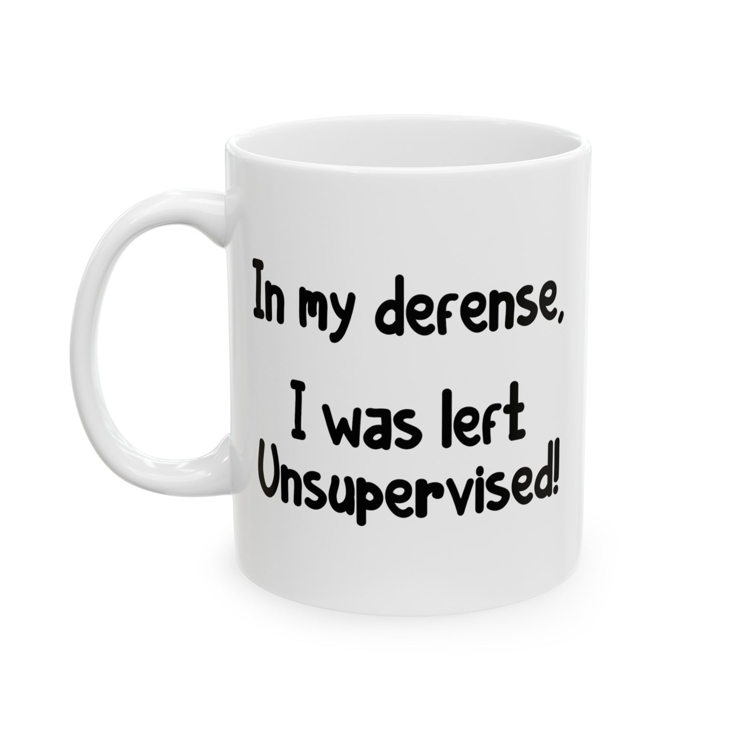 In My Defense - Double Sided White Ceramic Coffee Mug 11oz by TheGlassyLass.com