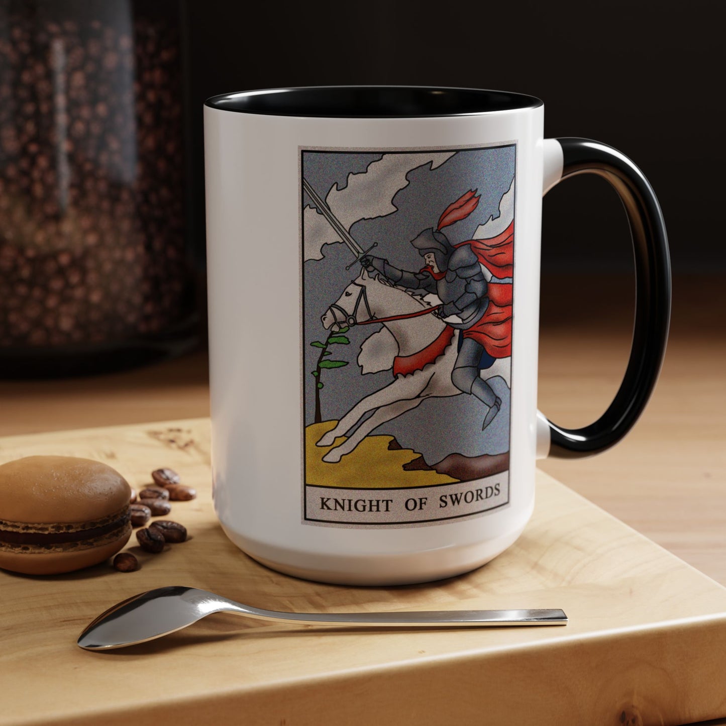 Knight of Swords Tarot Card Coffee Mug - Double Sided Black Accent White Ceramic 15oz by TheGlassyLass.com