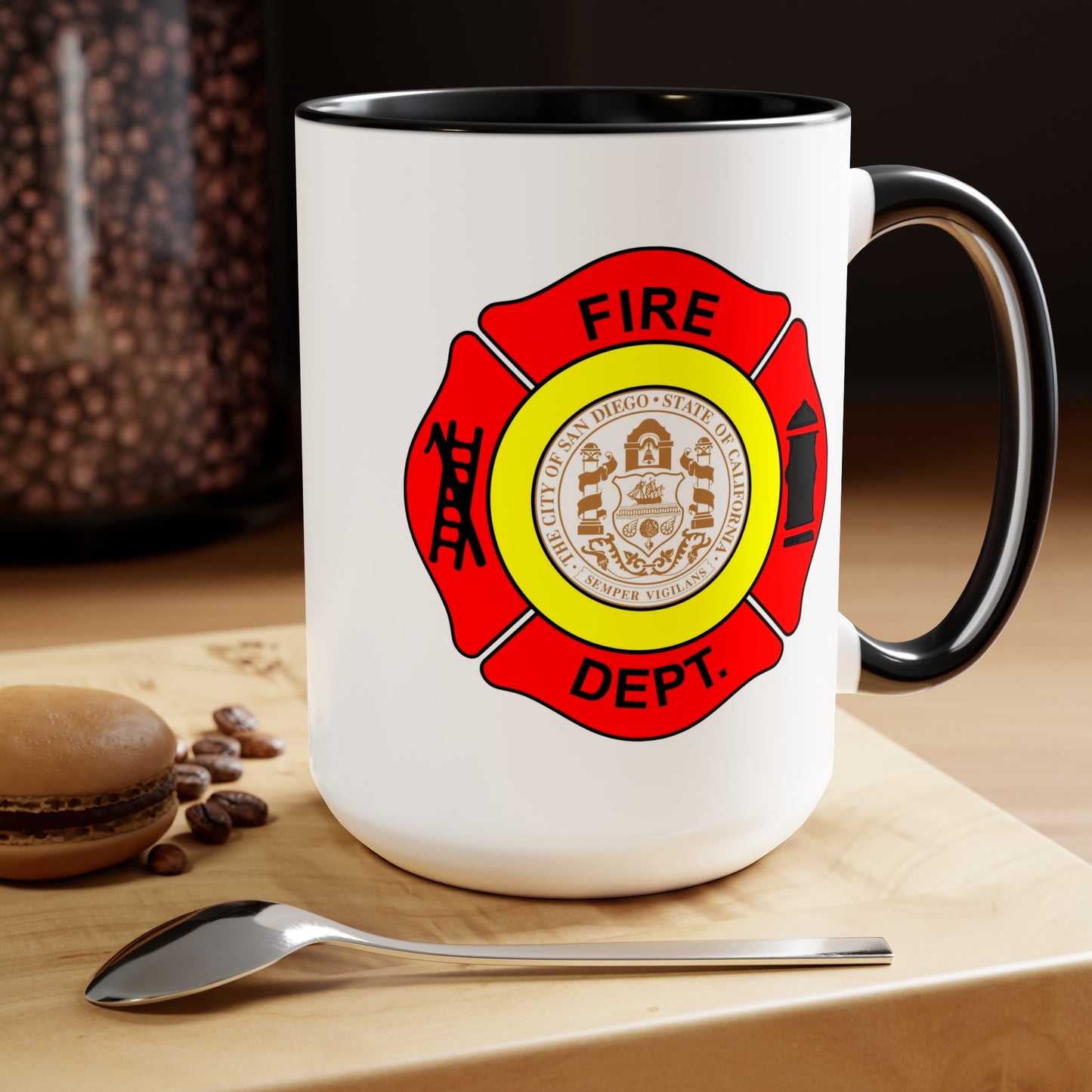 San Diego Fire Department Coffee Mug - Double Sided Black Accent White Ceramic 15oz by TheGlassyLass.com