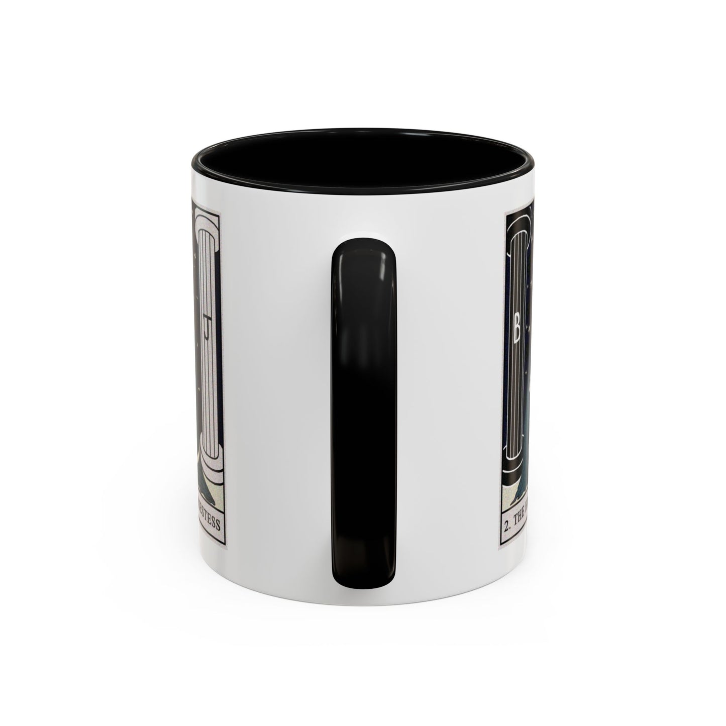 The High Priestess Tarot Card Coffee Mug - Double Sided Print, Black Accent White Ceramic, 11oz by TheGlassyLass.com